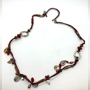 Silpada Red Coral Abalone Shell Pearl Sterling Silver Brown Cord Necklace N2116